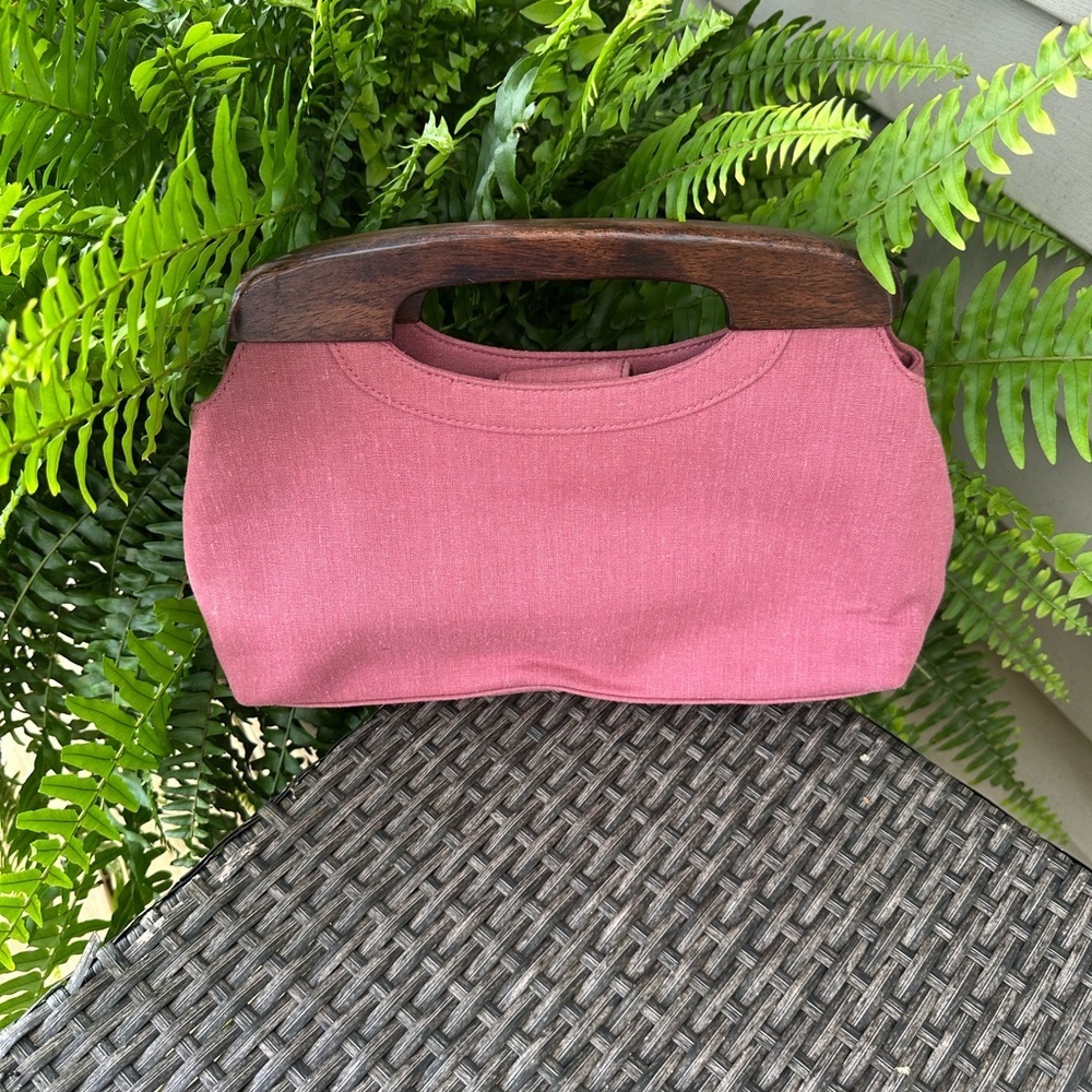 Fossil Pink Clutch with Floral Embroidery and Wooden Handle - Picture 2 of 4